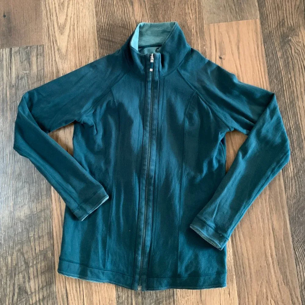 Ladies Teal Solid/ Teal Striped Reversible Long Sleeve Jacket withFull Zip - Picture 1 of 7